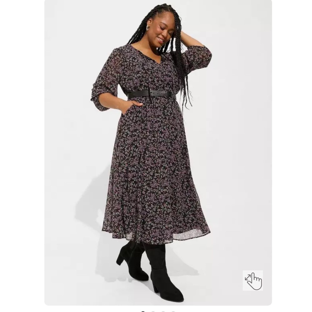 Torrid Black Floral Chiffon Midi Dress Flutter Sleeve Tie Neck Pockets Size 0